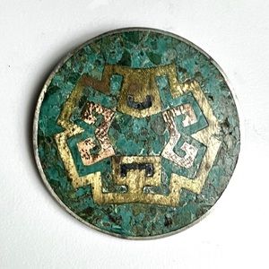 Signed,Taxco Vintage Sterling Silver, Picasso Agate & Brass Inlay Brooch / Pin